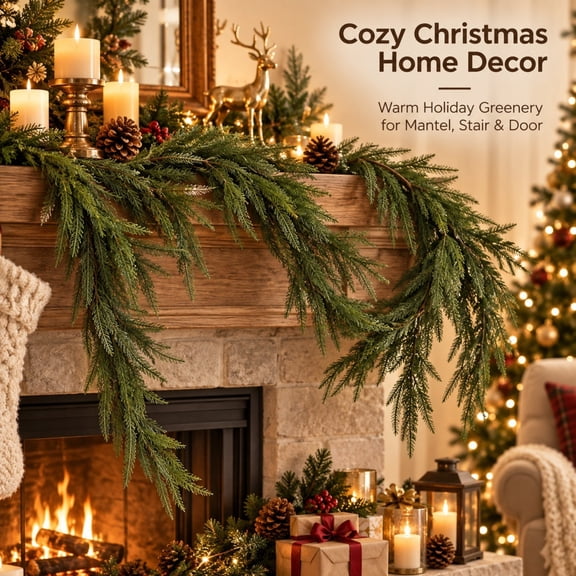 Christmas 180Cm Simulated Nobel Pines Vines,Drooping Plastic Branch Decor With Bendable Frame Hanging Rings Dense Foliage,for Fireplace Lintel Door Frame Stair Handrail Window Home Area