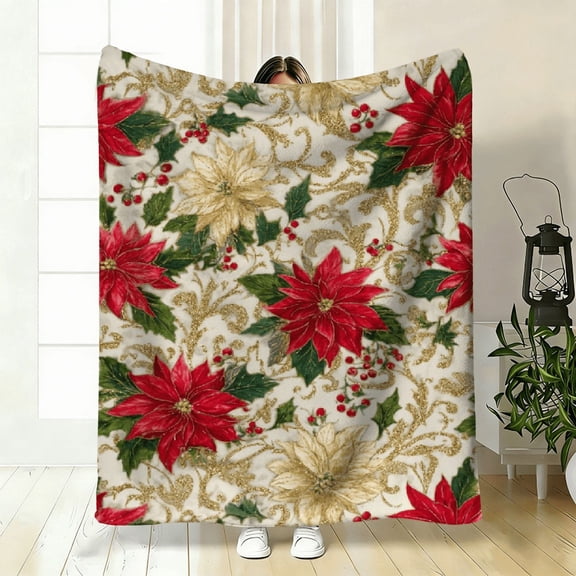 Christmas 1pc, Watercolor Luxurious Poinsettia Flower, Golden Texture, Holly Berries, Merry Christmas, Soft and Warm Printed Blanket, Perfect Holiday Gift for Classmates.