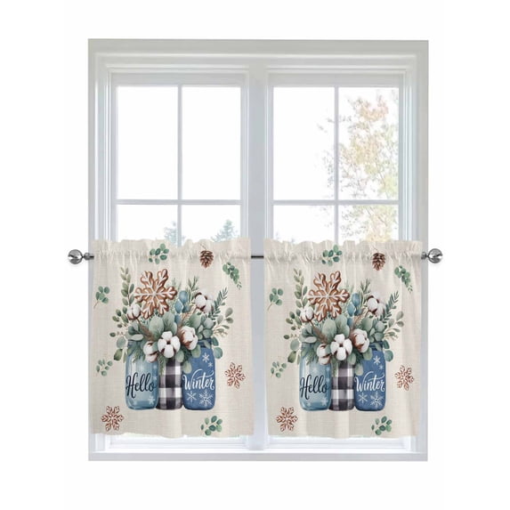 Christmas 2 Panel Kitchen Curtains for Small Windows, Retro Snowflakes Floral Eucalyptus Leaves Bathroom Tier Curtain, Short Window Treatment for Bedroom/Living Room 55"x24"