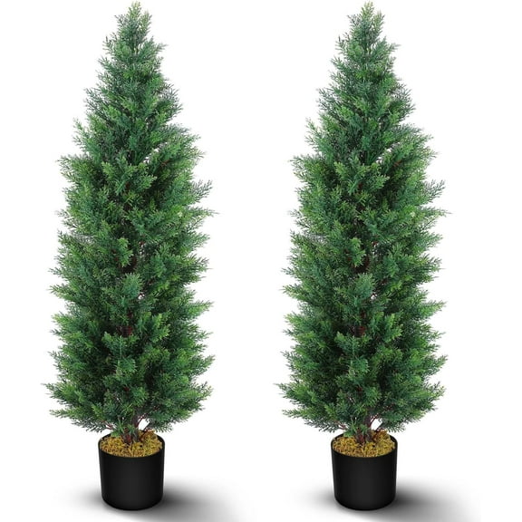 2 Pcs 4 Ft Artificial Topiary Cedar Trees, Outdoor Faux Pine Shrubs, Realistic Fake Greenery Plants UV Resistant Cypress Trees for Christmas Porch Front Door Decor (2, Green, 4 Ft)