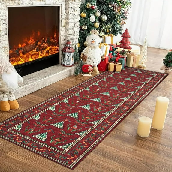 Christmas 2' x 10' Runner Rug Washable, Non Slip Low Pile Christmas Tree & Floral Pattern Accent Carpet, Non Shedding Xmas Rugs for Living Room, Bedroom, Kitchen, Home Decor, Red