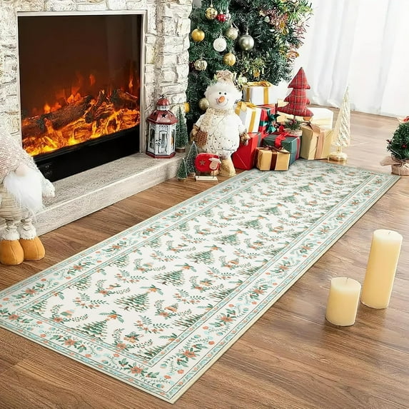 Christmas 2' x 10' Runner Rug Washable, Non Slip Low Pile Christmas Tree & Floral Pattern Accent Carpet, Non Shedding Xmas Rugs for Living Room, Bedroom, Kitchen, Home Decor, Beige