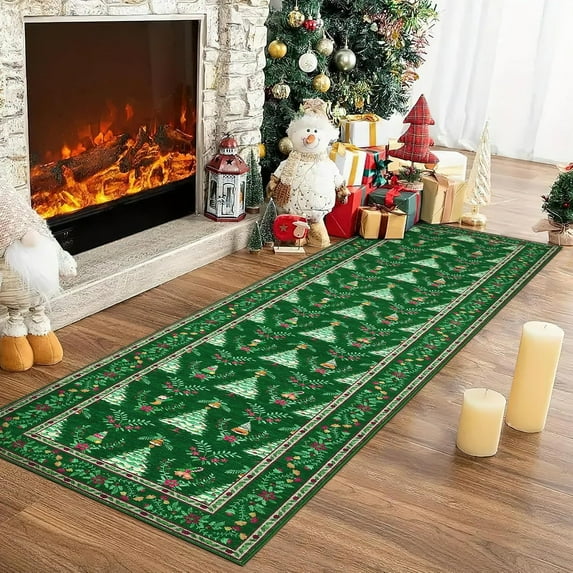 Christmas 2' x 8' Runner Rug Washable, Non Slip Low Pile Christmas Tree & Floral Pattern Accent Carpet, Non Shedding Xmas Rugs for Living Room, Bedroom, Kitchen, Home Decor, Green