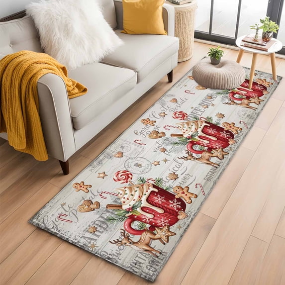 Christmas 2'x6' Runner Rugs for Hallway Kitchen Bedside Non Slip Washable, Retro Xmas Deer Candy Ice Cream Pine Needle Entryway Rug Runners with Rubber Backing, Long Carpet Runner for Laundry Room