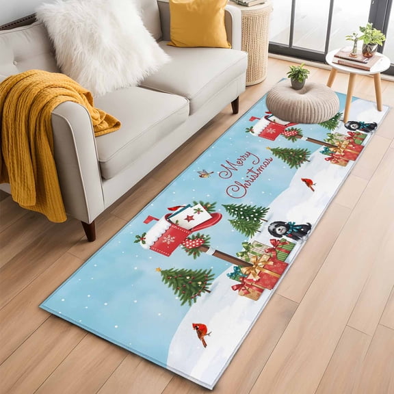 Christmas 2'x6' Runner Rugs for Hallway Kitchen Bedside Non Slip, Winter Cartoon Xmas Mailbox Cardinal Pine Trees Entryway Rug Runners with Rubber Backing, Long Carpet Runner for Laundry Room
