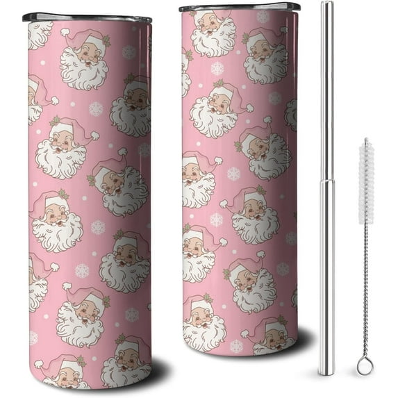 Christmas 20 Oz Tumbler with Handle and Straw, Pastel Santa Claus Stainless Steel Double Walled Vacuum Insulated Cup, Xmas Holiday Gifts for Women Girls