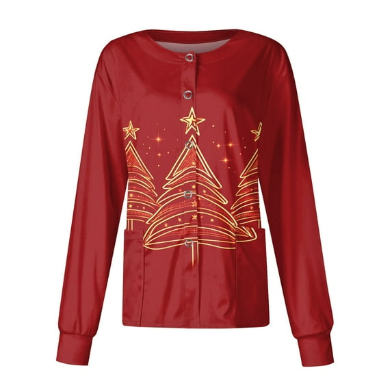 Christmas 2026 Nurse Jackets for Women Scrub Crew Neck Long Sleeve Button up Nurses Uniform Snowflake Printed Working Stretchy Scrubs Sets Dark Green XL