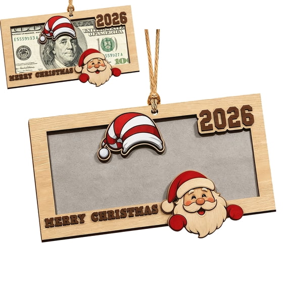 Christmas 2026 Wooden Cash & Photo Holder Ornament, Santa Claus Hanging Frame Ornament for Holding Cash, Photos or Gift Cards, Xmas Tree Decor Keepsake