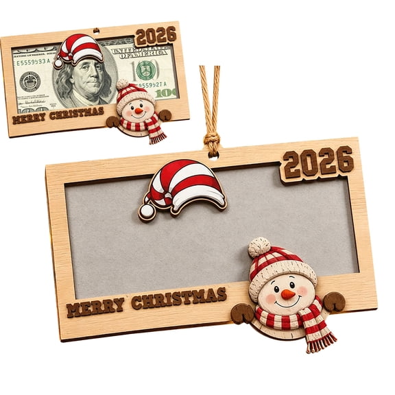 Christmas 2026 Wooden Cash & Photo Holder Ornament, Snowman Hanging Frame Ornament for Holding Cash, Photos or Gift Cards, Xmas Tree Decor Keepsake