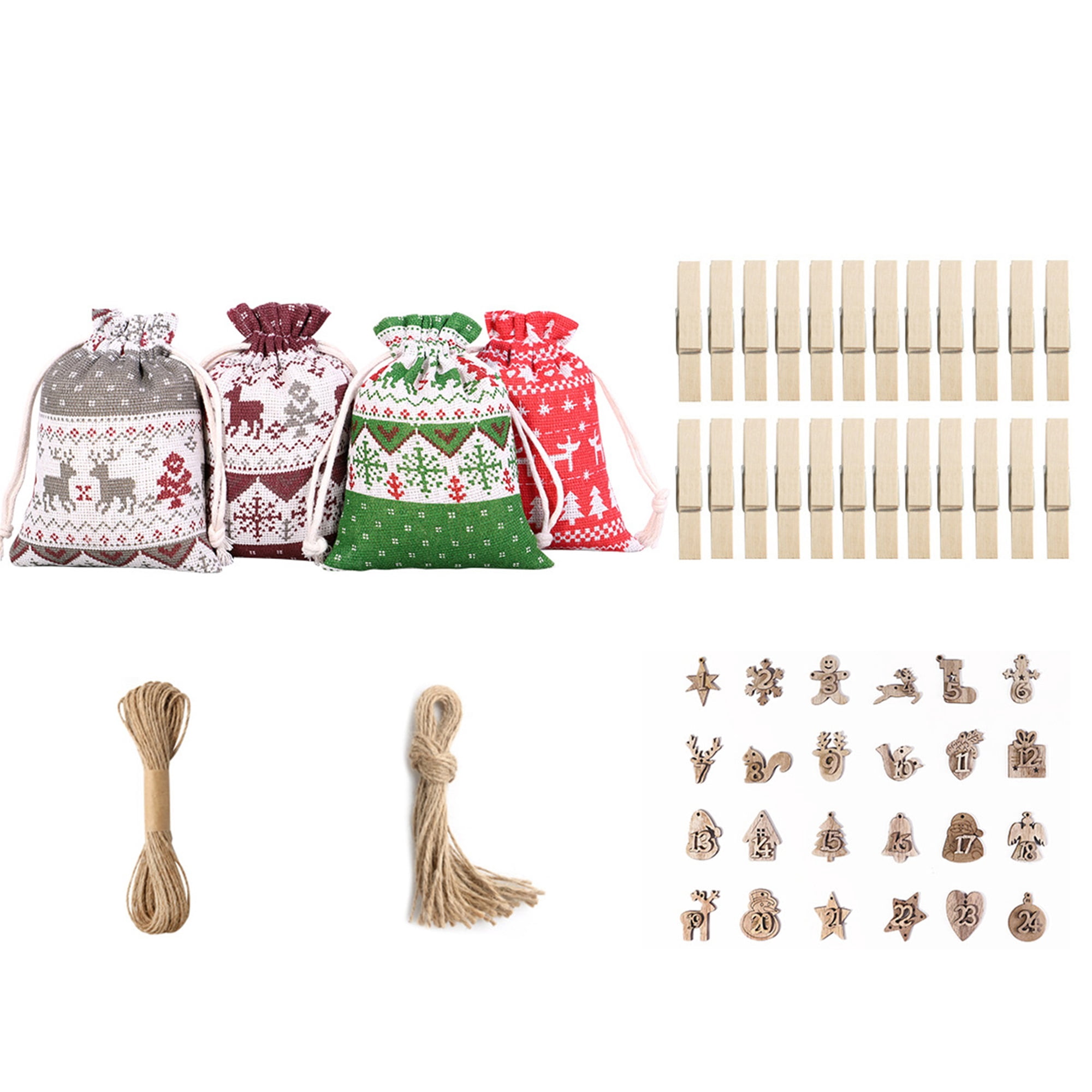 Drawstring Number Bags Christmas 24 Days Advent Calendar Bags Xmas Countdown Wooden Numbers ...