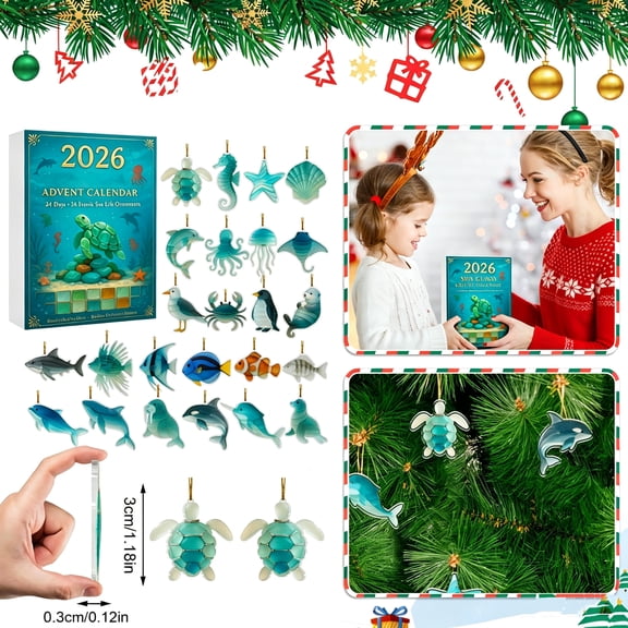 Christmas 24 Days Mystery Countdown Box 2026, 1.18 Inch 2D Flat Acrylic Ocean Creature Pendant for Seasonal Tree Decoration