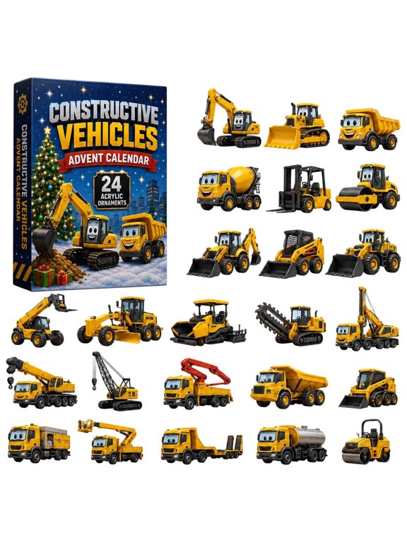 Christmas 24 Pcs 2D Acrylic Hanging Ornaments Engineering Vehicle Advent Calendar, Christmas Tree Hanging Ornament and Keychain, Christmas Gift for Kids