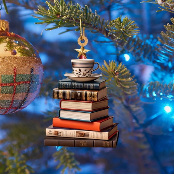 Christmas 2D Acrylic Book-Stack Ornament – Christmas Tree and Car Hanging Pendant, Flat Literary Tags for Bookworms Holiday Gift Decor