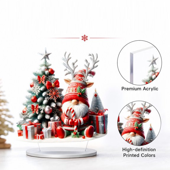 Christmas Acrylic Flat Standee Reindeer Elf with Candy Cone Tree, Printed Desktop Ornament with Gifts Flocked Tree Baubles, Lightweight Shelf Desk Counter Home Display and Gift for Adults