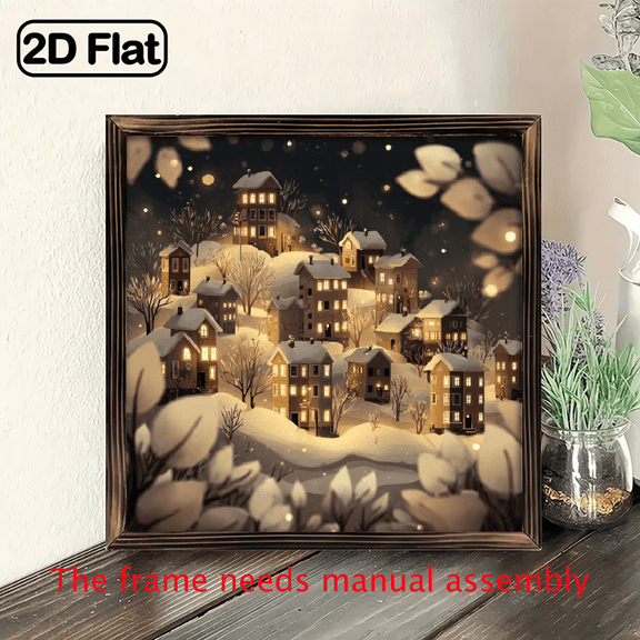 Christmas 2D Flat, 1pc Vintage Winter Village Wooden Framed Wall Art - Snowy Houses Glowing Lights, 8x8 Inch Rustic Wood Sign with Twinkling Christmas Lights, Cozy Cabin Scene for Entryway, Mantel