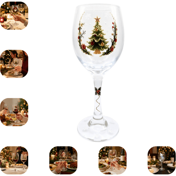 Christmas 2D Wine Glass Collection Gift Box Set, 6 Assorted Xmas Pattern Stemmed Goblet, Festive Printed Glassware for Wine Cocktails Holiday Party Table Decor C