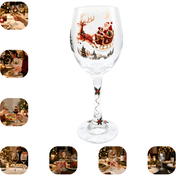 Christmas 2D Wine Glass Collection Gift Box Set, 6 Assorted Xmas Pattern Stemmed Goblet, Festive Printed Glassware for Wine Cocktails Holiday Party Table Decor A