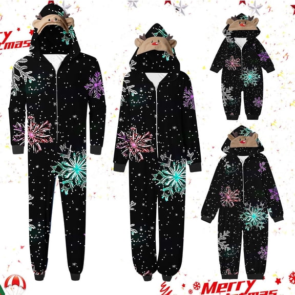 Christmas 2PC Jumpsuit Pajamas for Men Hooded Holiday Graphic Long Sleeve Zip Up Cardigan Top Long Pants Family Matching Homewear Set Black L