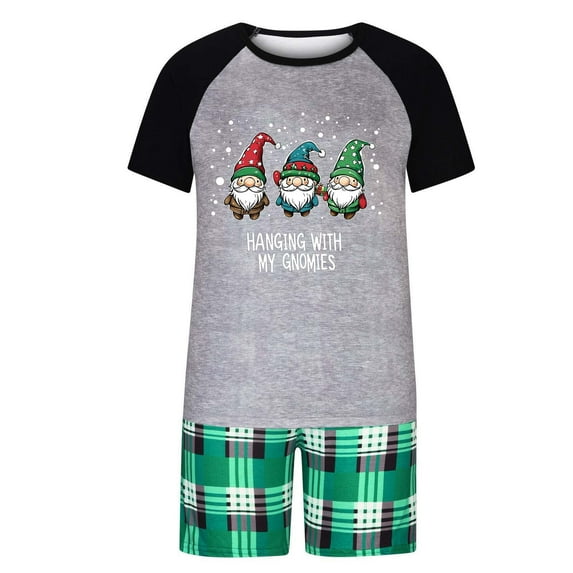 Christmas 2PC Pajamas for Men Short Sleeve Crewneck Graphic Short Plaid Pants Family Matching Set Green-1 L