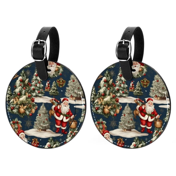 Christmas 2pcs PU Leather Round Bag Tags Suitcase Handbag Tags with Privacy Cover and Name ID Tag for Travel Luggage, Handbags, Backpacks, School Bags