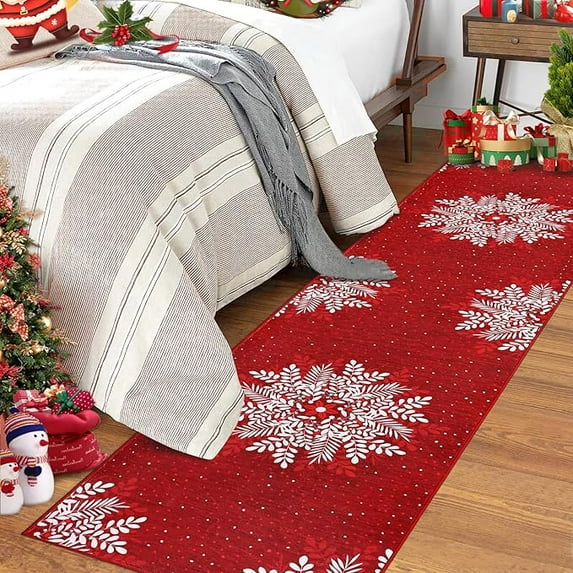 Christmas 2x8 Area Rug, Snowflake Christmas Rugs for Living Room Washable, Bedroom Throw Rugs Non Slip, Soft Low Pile Floor Carpet for Kitchen Dining Room Christmas Decorations