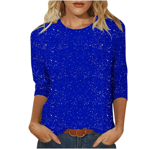 Christmas 3/4 Length Sleeve Womens T Shirts Fashion Crewneck Sparkly Sequin Blouse Glitter Shirts Loose Pullover Top 