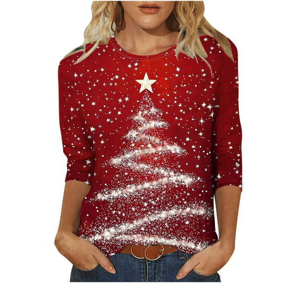 Christmas 3/4 Length Sleeve Womens Tops Plus Size Tops 4X-5X Dressy Blouse Fall 3/4 Sleeve Shirts Short Peasant Blouses