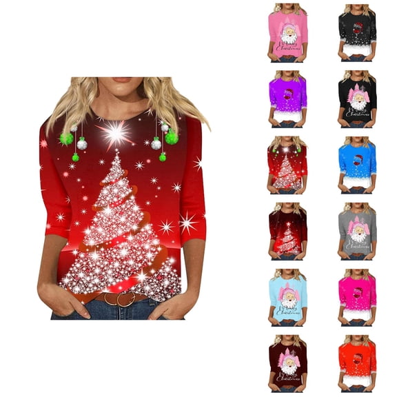 Christmas 3/4 Sleeve Shirts for Women 2025 Crewneck Festive Graphic T Shirt Family Holiday Xmas Blouse Tops