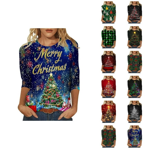Christmas 3/4 Sleeve Shirts for Women 2025 Crewneck Plaid Graphic T Shirt Family Holiday Xmas Blouse Tops