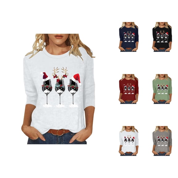 Christmas 3/4 Sleeve Shirts for Women 2025 Crewneck Wine Glass Graphic T Shirt Family Holiday Xmas Blouse Tops