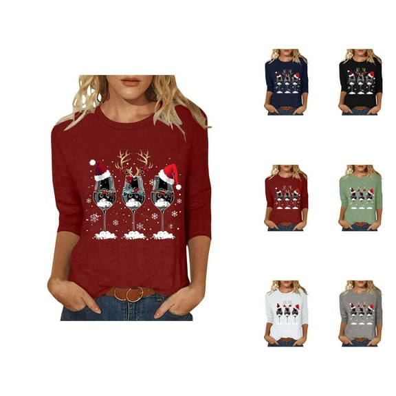 Christmas 3/4 Sleeve Shirts for Women 2025 Crewneck Glass Graphic T Shirt Family Holiday Xmas Blouse Tops