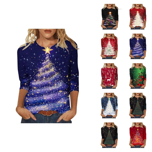 Christmas 3/4 Sleeve Shirts for Women 2025 Festive Crewneck Casual Holiday Graphic Tshirt Shirt Blouse Tops