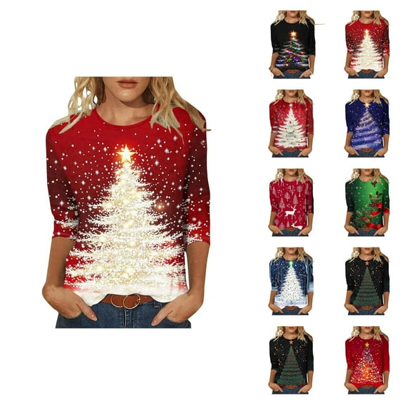 Christmas 3/4 Sleeve Shirts for Women 2025 Festive Crewneck Casual Holiday Graphic Tshirt Shirt Blouse Tops