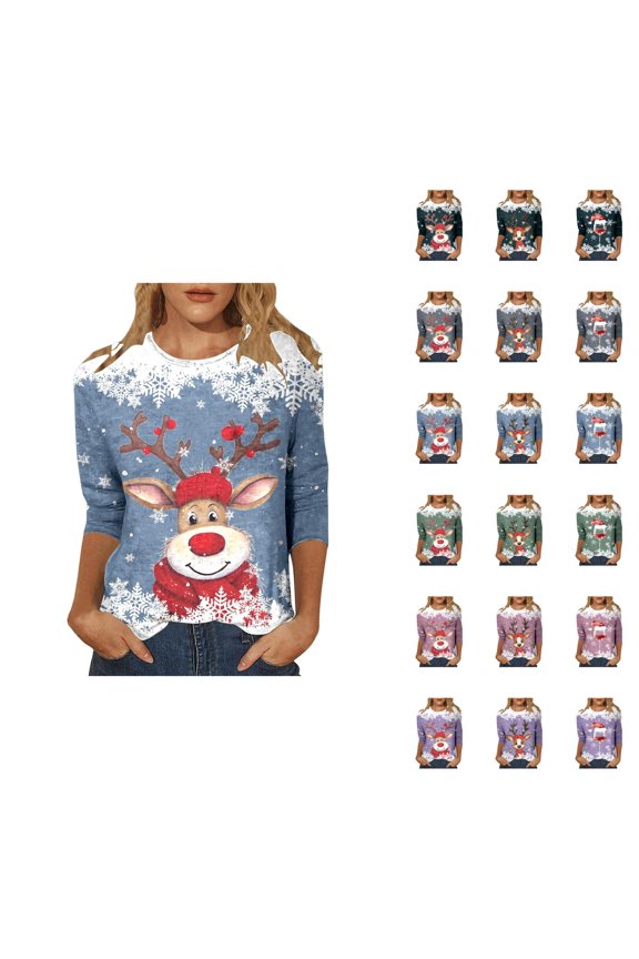 Christmas 3/4 Sleeve Shirts for Women 2025 Festive Crewneck Cute Snowflake Reindeer Graphic Tees Blouse Tops