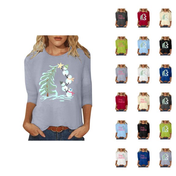 Christmas 3/4 Sleeve Shirts for Women 2025 Festive Crewneck Funny Cute Snowman Graphic Tees