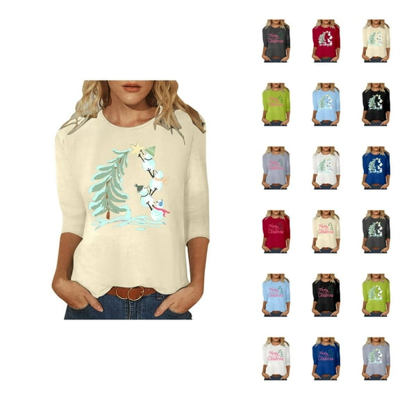 Christmas 3/4 Sleeve Shirts for Women 2025 Festive Crewneck Funny Cute Snowman Graphic Tees