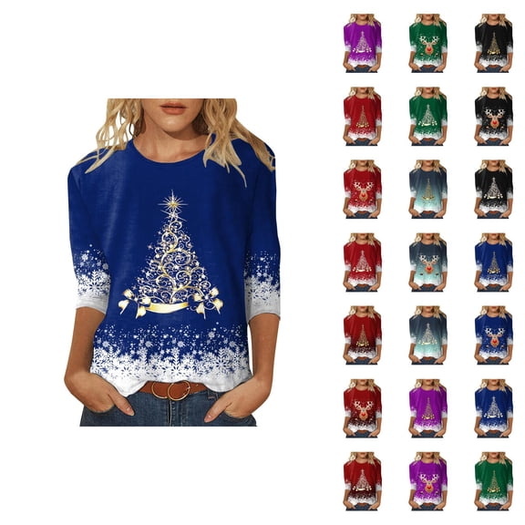 Christmas 3/4 Sleeve Shirts for Women 2025 Holiday Crewneck Festive Snowflake Reindeer Graphic Tshirt Shirt