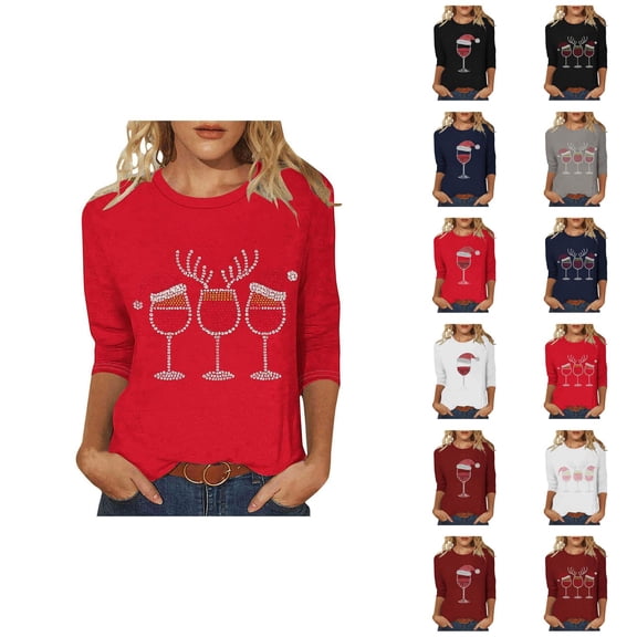 Christmas 3/4 Sleeve Shirts for Women 2025 Holiday Crewneck Xmas Red Glass Graphic Tees