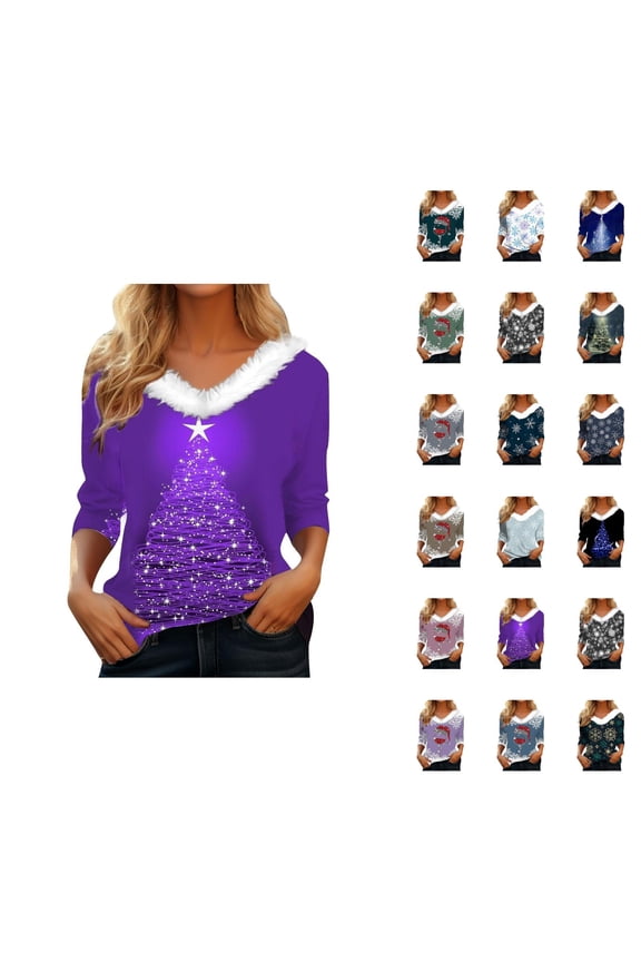 Christmas 3/4 Sleeve Shirts for Women 2025 V Neck Trim Snowflake Graphic T Shirt Family Holiday Xmas Blouse Tops