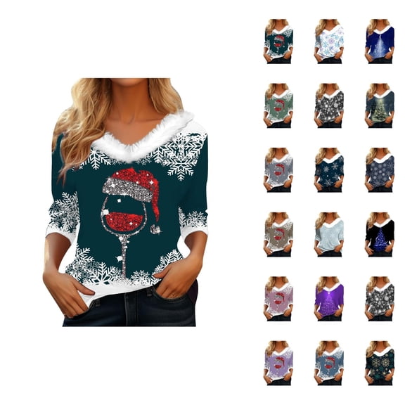 Christmas 3/4 Sleeve Shirts for Women 2025 V Neck Trim Snowflake Graphic T Shirt Family Holiday Xmas Blouse Tops