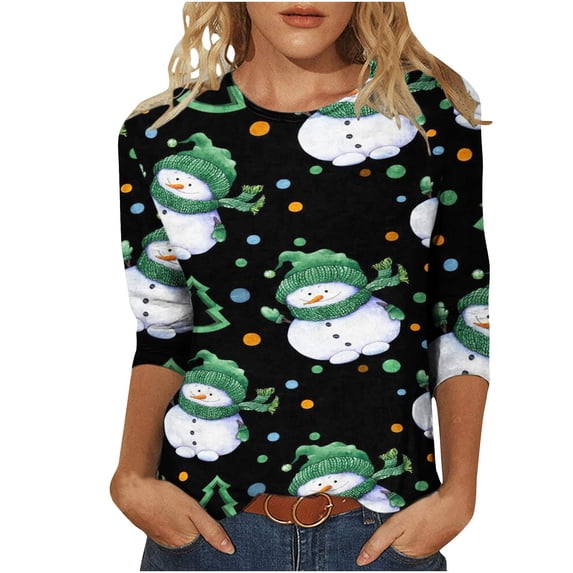 Christmas 3/4 Sleeve Shirts for Women Christmas Snowman Print Top Cute Santa Print Shirt Round Neck Holiday Shirt Tops Women Sweaters Cheap