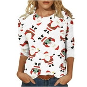 WXLWZYWL Christmas 3/4 Sleeve Shirts for Women Christmas Snowman Print Top Cute Santa Print Shirt Round Neck Holiday Shirt Tops Women Sweaters Clearance Cheap