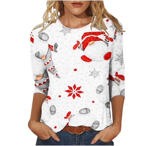 Christmas 3/4 Sleeve Shirts for Women Christmas Snowman Print Top Cute Santa Print Shirt Round Neck Holiday Shirt Tops Women Sweaters Clearance Cheap