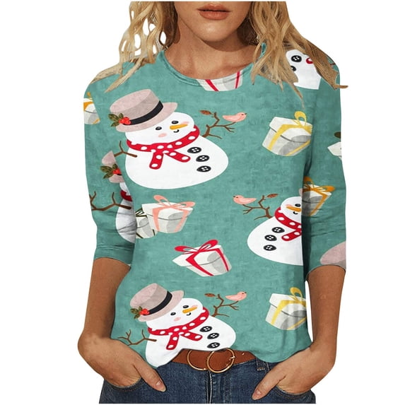 Christmas 3/4 Sleeve Shirts for Women Christmas Snowman Print Top Cute Santa Print Shirt Round Neck Holiday Shirt Tops Women Sweaters Clearance Cheap