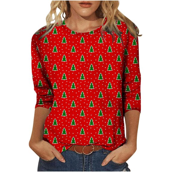 Christmas 3/4 Sleeve Shirts for Women Christmas Snowman Print Top Cute Santa Print Shirt Round Neck Holiday Shirt Tops Women Sweaters Cheap