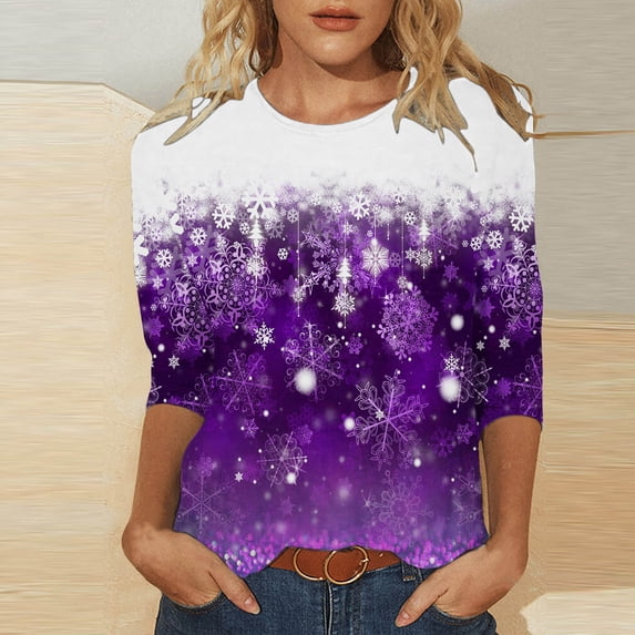 Christmas 3/4 Sleeve Tops for Women,Christmas Shirts for Women Casual 3/4 Length Sleeve Fall Tops Funny Cute Snowman Print Graphic Tees Blouses