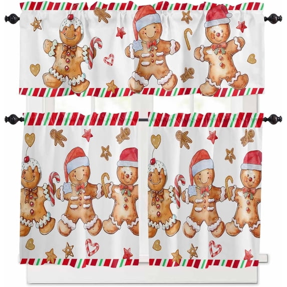 Christmas 3 Pieces Kitchen Curtains Valances Set Gingerbread Man Candy Biscuit Short Curtain Rod Pocket Window Curtain Window Treatment Tiers Valances (Single Panel 54"x18",2 Tiers 27.5"x36")