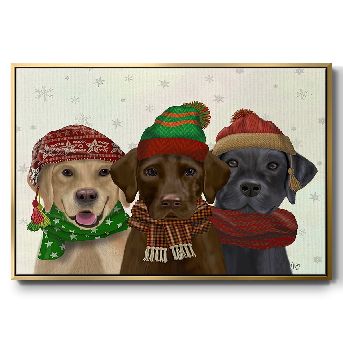 Christmas 3 Winter Labs - Framed Gallery Wrapped Holiday Canvas - 27 x 41 - Gold Frame