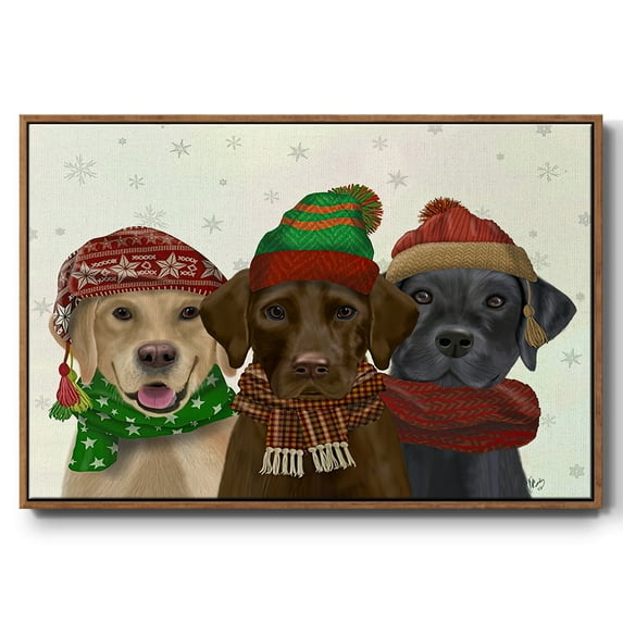 Christmas 3 Winter Labs - Framed Gallery Wrapped Holiday Canvas - 27 x 41 - Rosewood Frame