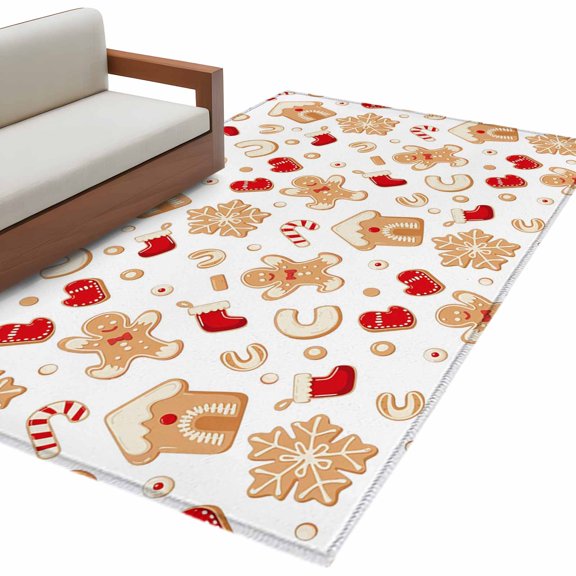 Christmas 3'x5' Washable Rug, Gingerbread Merry Xmas Snowflakes Holiday Non-Slip Area Rugs for Entryway Kitchen Classroom, Dorm Throw Carpet, Low Pile Soft Indoor Floor Mat